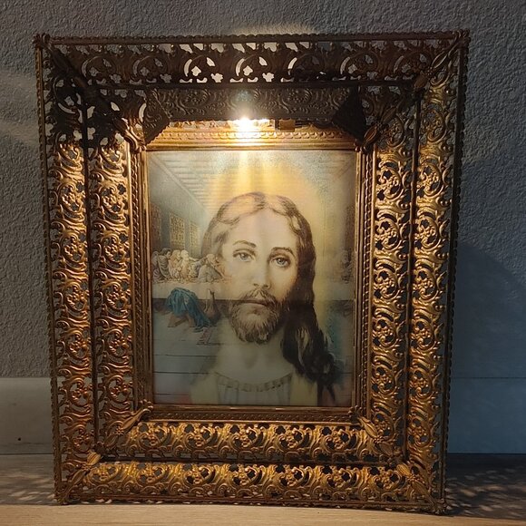 Vintage 1950s Lenticular Lighted Metal Frame Jesus the Last Supper Art - Picture 6 of 8